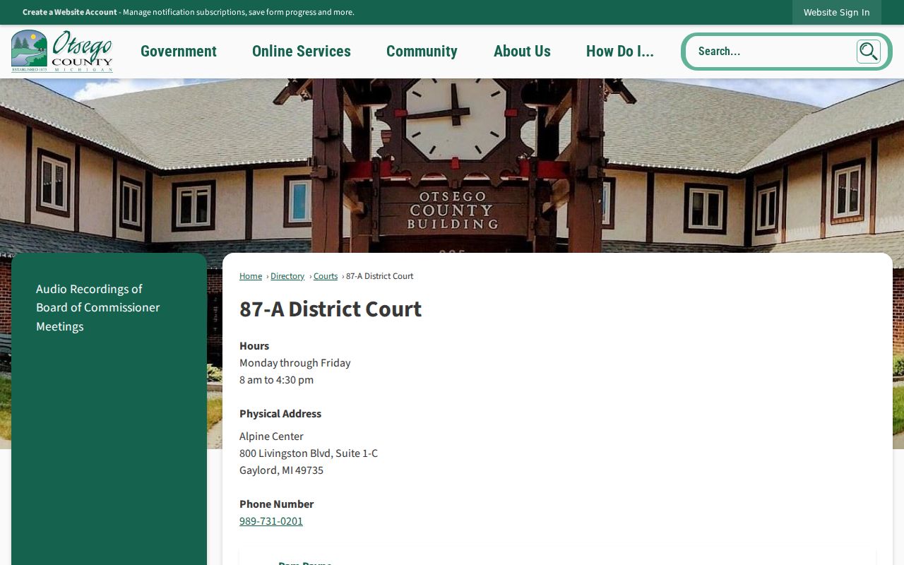 87-A District Court address, hours, and clerk contacts for Otsego County warrant status questions