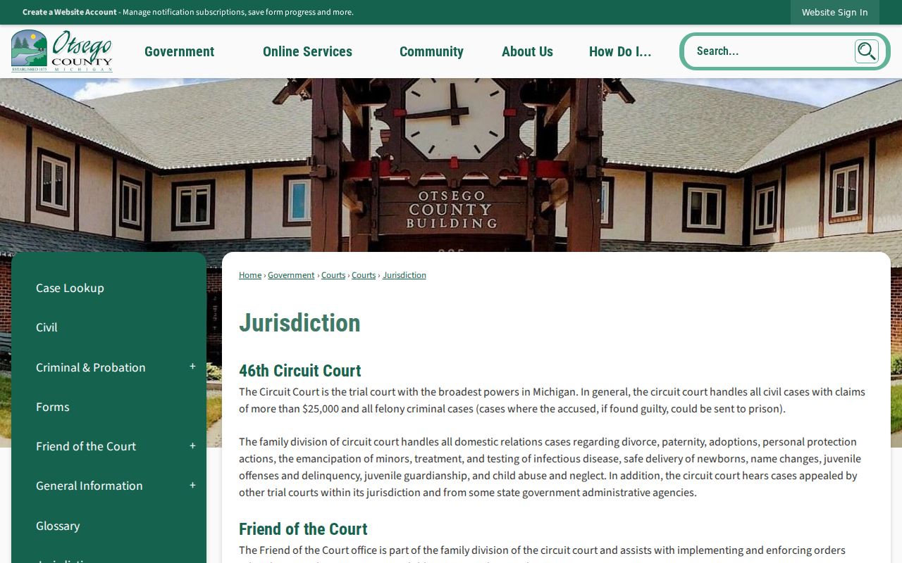 87-A District Court jurisdiction page stating it issues arrest and search warrants in Otsego County