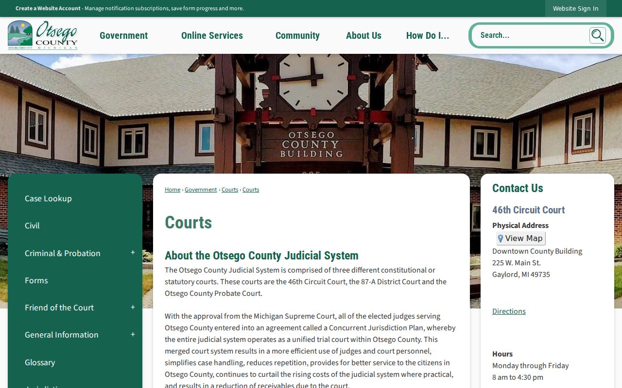 Otsego County courts page listing the 46th Circuit Court and 87-A District Court locations