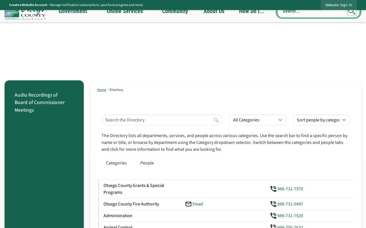 Otsego County directory showing records division and court contacts used for Otsego County warrant checks
