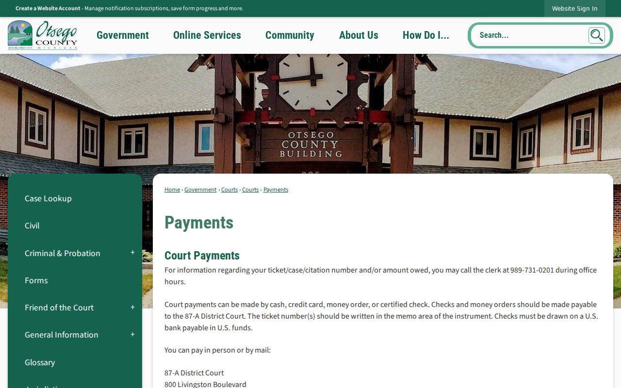 Otsego County court payment page showing the payment route that is separate from arrest warrant bond