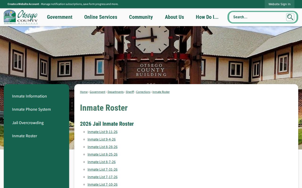 Dated Otsego County inmate roster page showing why it is not an active Otsego County warrant list