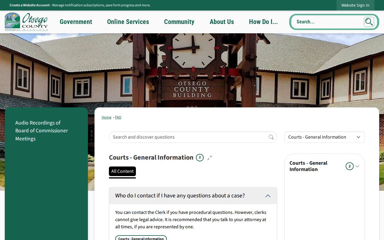 Otsego County business hours FAQ page explaining clerk bond and after-hours jail bond for Otsego County warrants