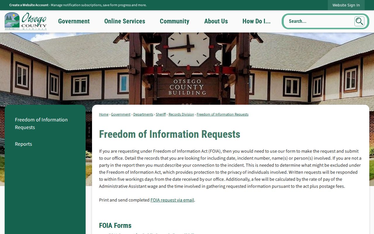 Otsego County FOIA request page used to request Otsego County bench warrant service records