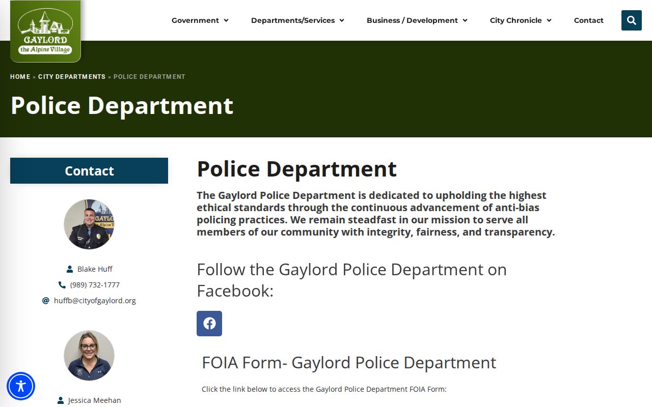 Gaylord Police Department page showing a city agency that can serve an Otsego County bench warrant