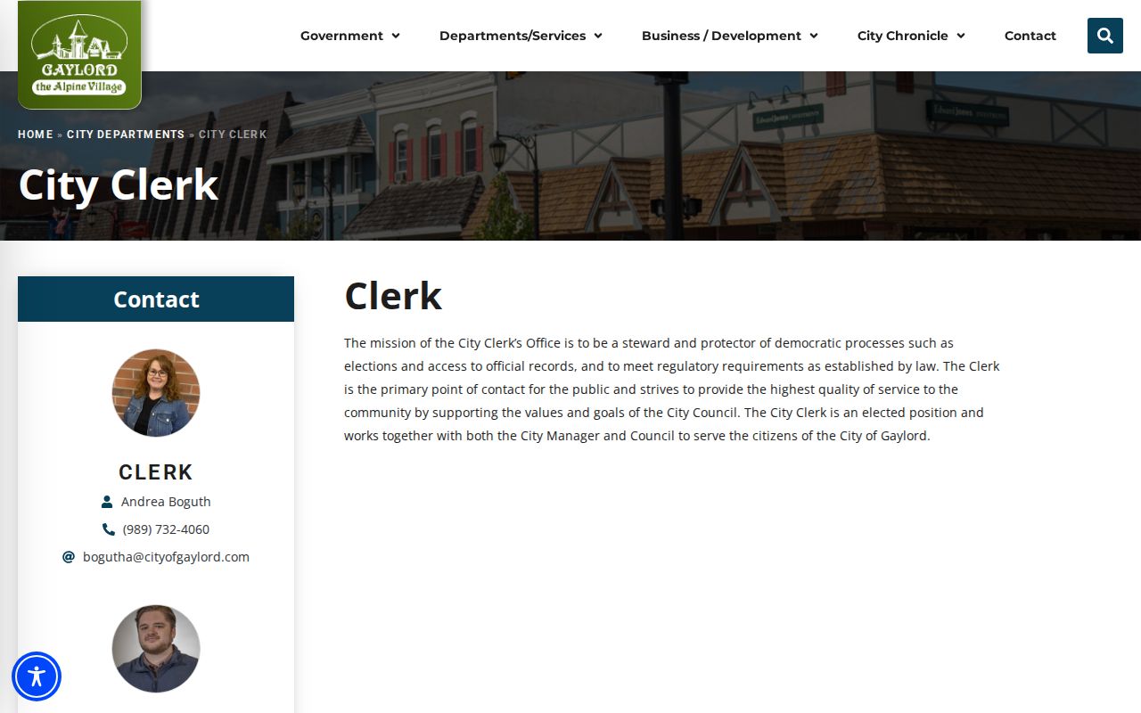 Gaylord City Clerk page describing the city records duties behind Gaylord warrant records requests