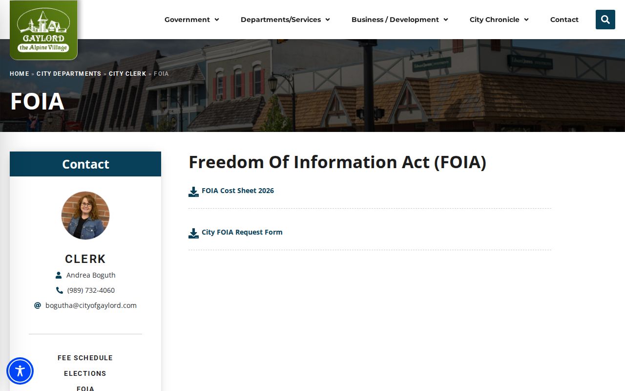 Gaylord city FOIA page linking forms used to request Gaylord police records rather than warrant status