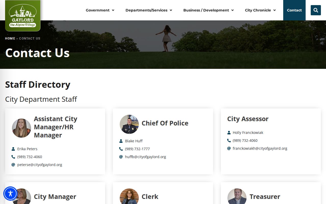 Gaylord City Hall contact page showing the office hours used for Gaylord warrant records requests