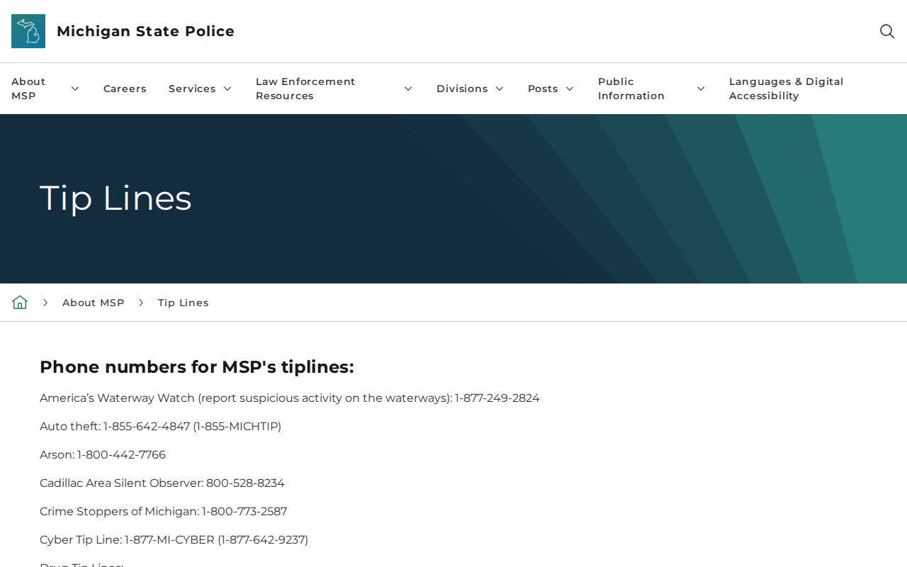 Michigan State Police tip line page used for an Otsego County most wanted report