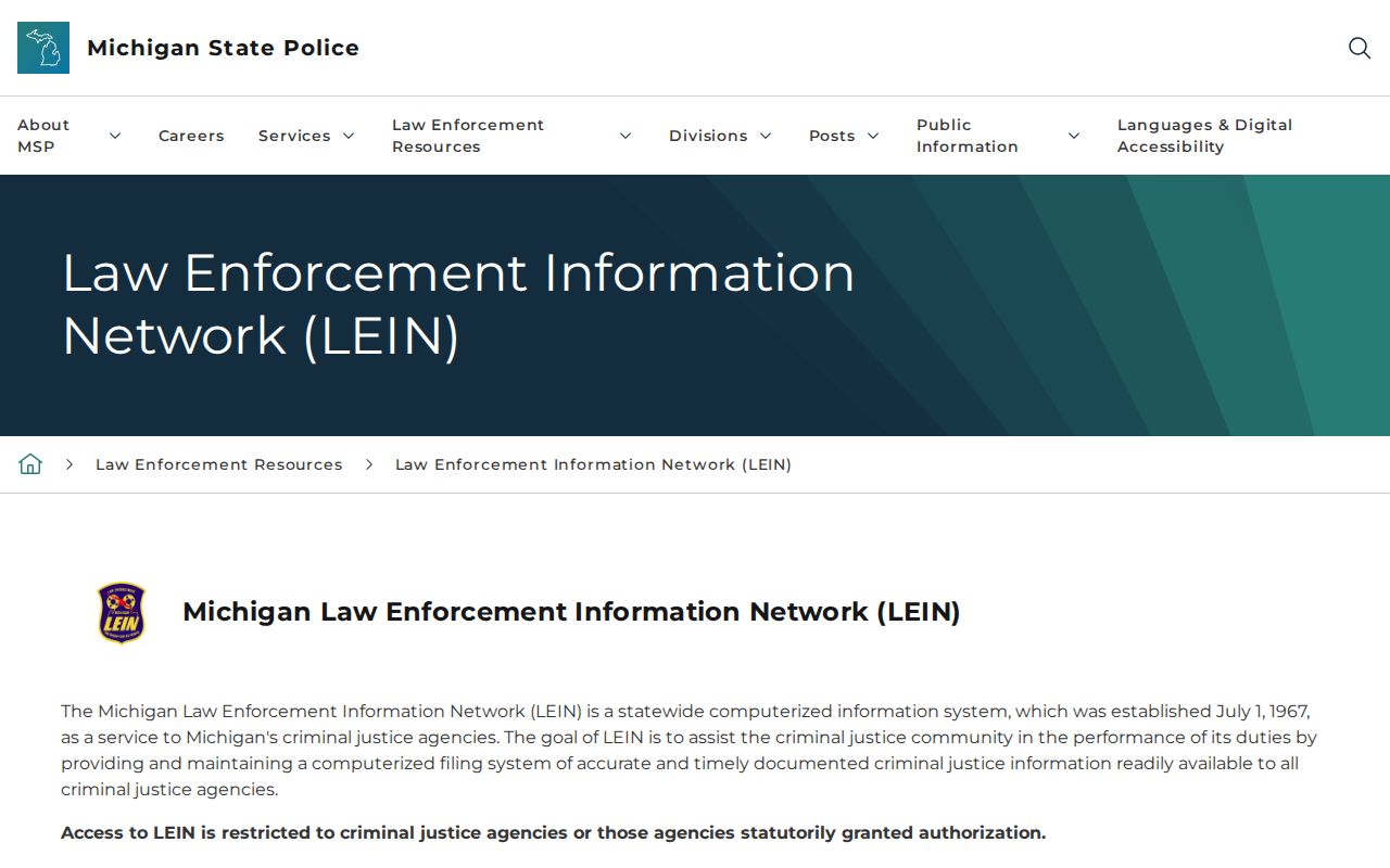 Michigan LEIN restricted access page explaining why it is not an Otsego County most wanted search