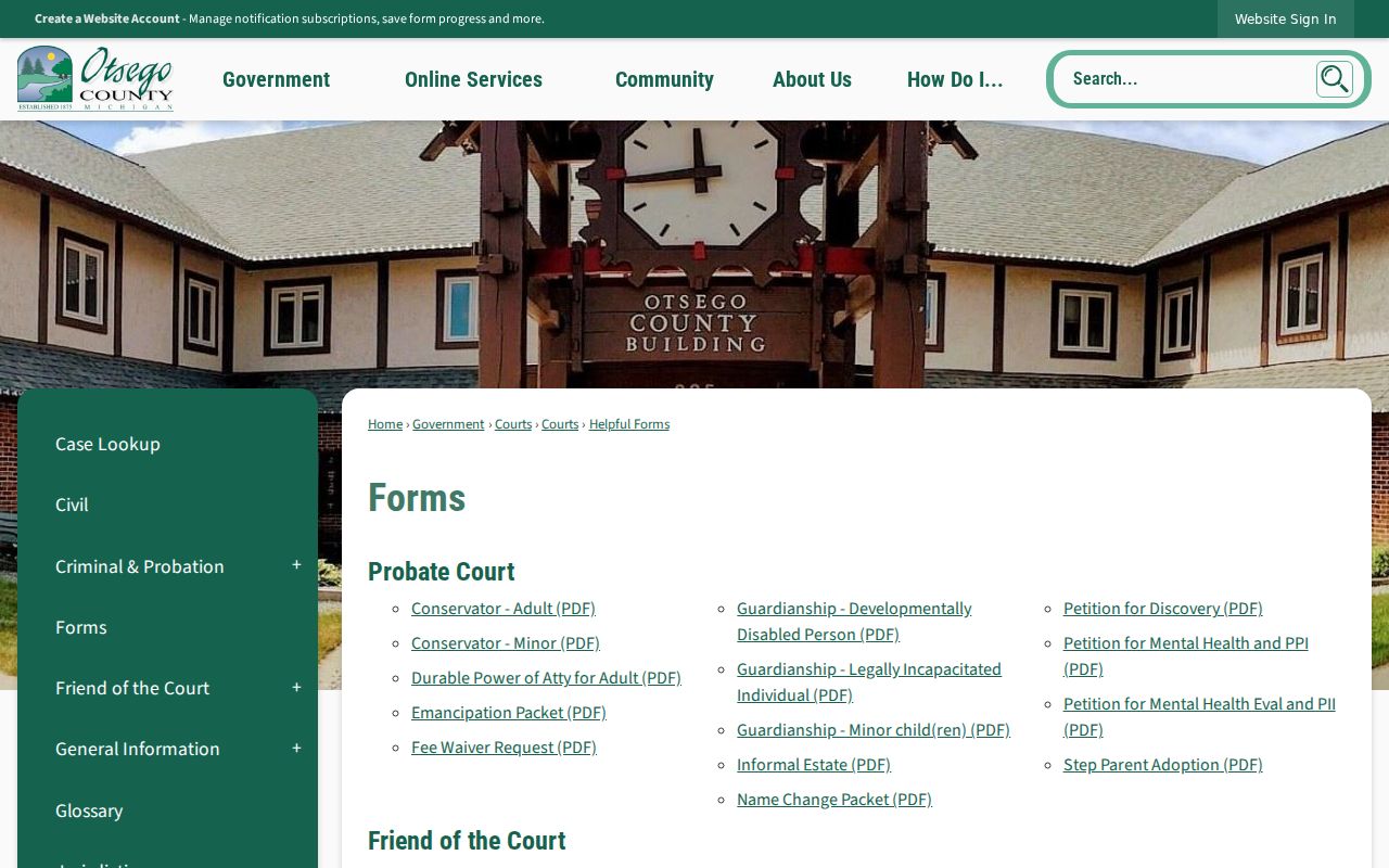 Otsego County forms index showing court response forms used before an Otsego County traffic warrant issues