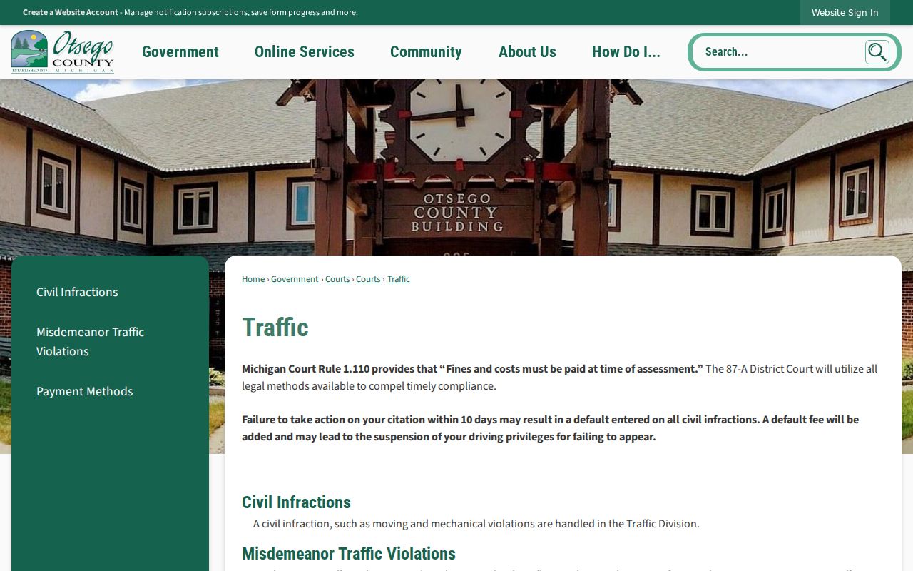 Otsego County traffic page showing the response deadline behind an Otsego County traffic warrant