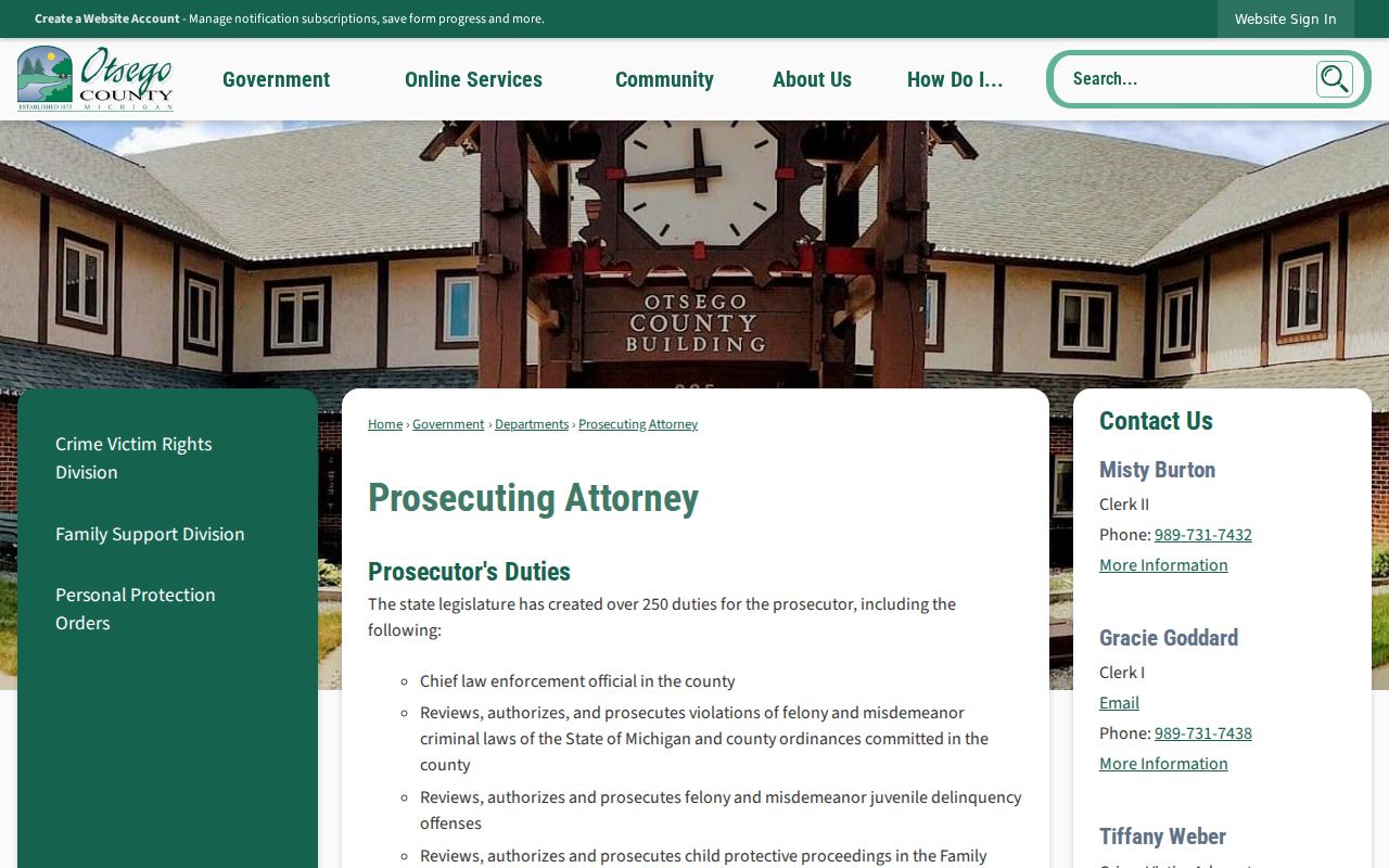 Otsego County prosecutor page showing the charging role that comes before an Otsego County arrest warrant