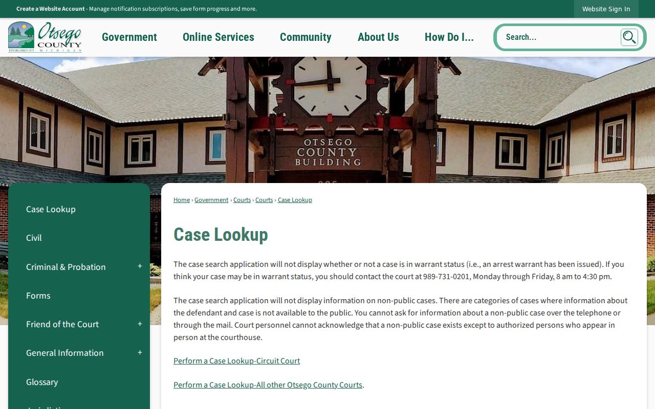 Otsego County case search page showing the warrant-status limitation for Otsego County warrant records