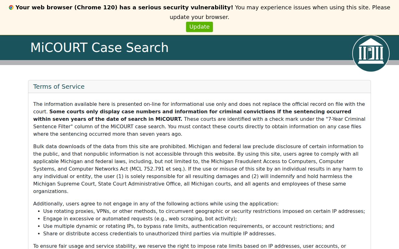 MiCOURT public case search interface used for Otsego County warrant record research