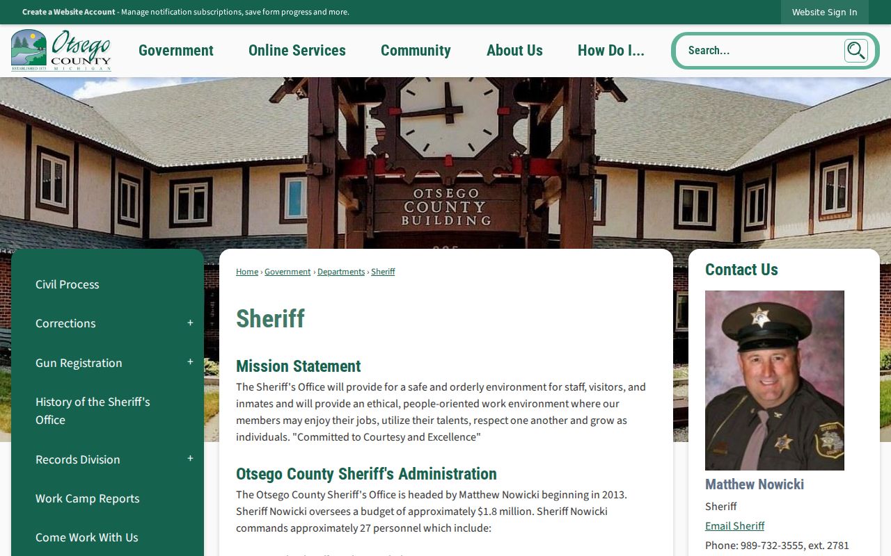 Otsego County Sheriff page showing public contacts for Otsego County warrant record requests